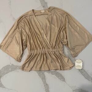 Altar’d State NWT Draped V-Neck Kimono Style Metallic Blouse Women's Small Gold